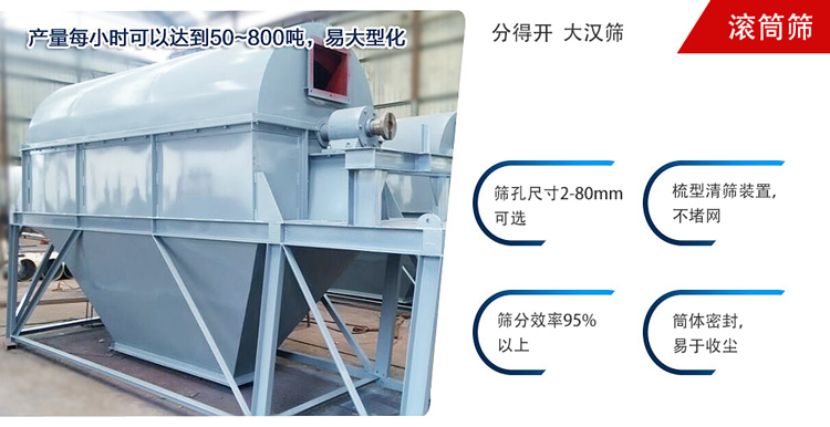 滾筒篩分開放式,封閉式兩種選擇無塵篩分。無軸滾筒：適用生活垃圾等一些有一定纏繞性物料;有軸滾筒：適用石料，砂土等含水量較少的物料